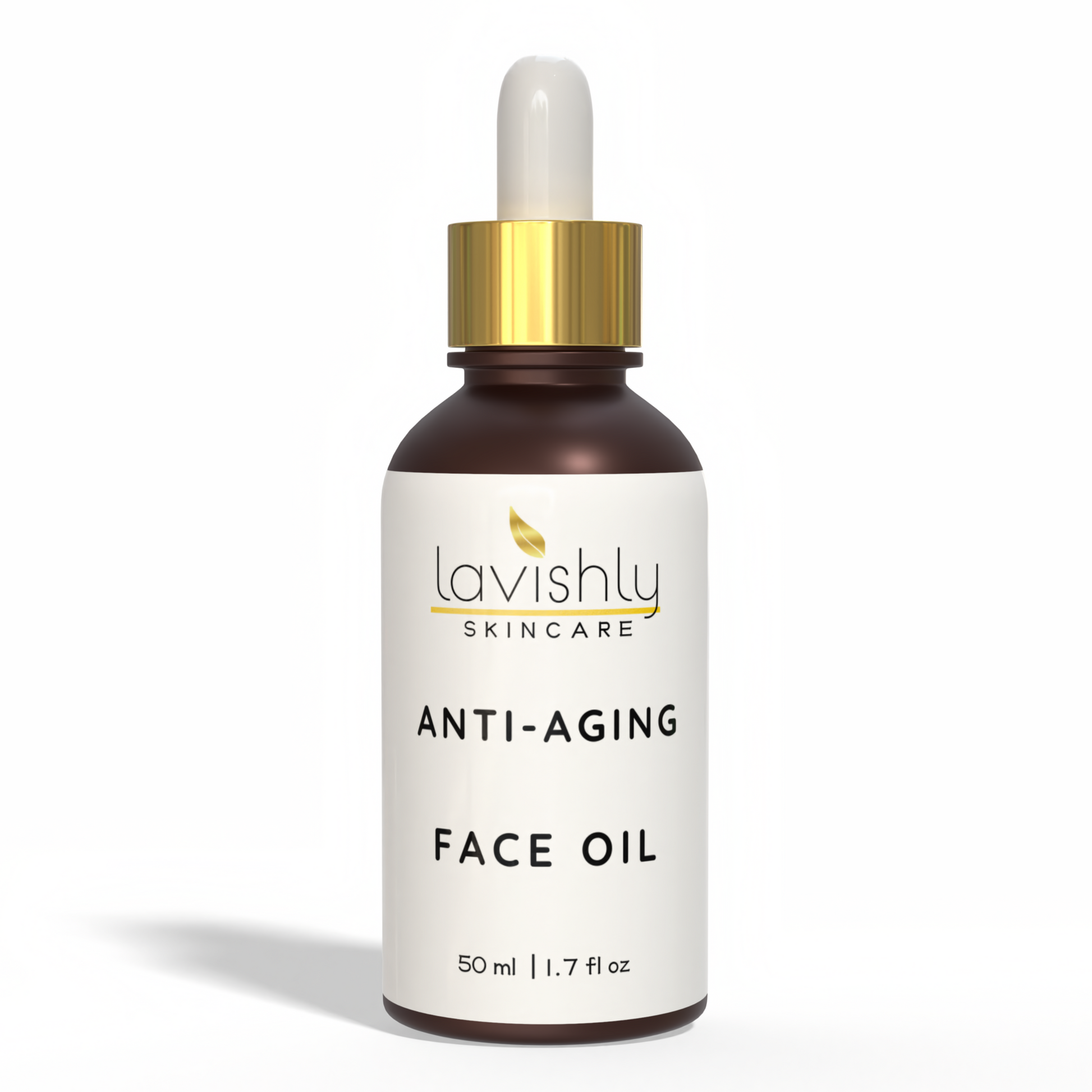 Anti-aging face oil bottle with dropper labeled 'Lavishly Skincare' on a white background