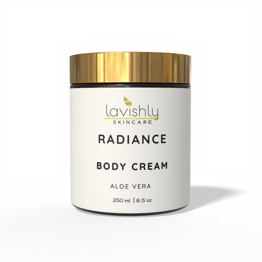 Lavishly Skincare Radiance Body Cream jar with gold lid on a white background